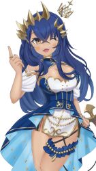 Rule 34 | 1girl, absurdres, blue dress, blue hair, blue nails, blush, breasts, brown eyes, brown horns, cleavage, cleavage cutout, clothing cutout, commentary request, cowboy shot, crossed bangs, crown, dark-skinned female, dark skin, dated, demon girl, demon horns, demon tail, detached sleeves, dress, fingernails, floating crown, frilled thigh strap, highres, horns, index finger raised, large breasts, long hair, looking at viewer, mini crown, mitsuru aga, nanashi inc., one eye closed, open mouth, outline, pointy ears, puffy detached sleeves, puffy sleeves, shimamura charlotte, shimamura charlotte (9th costume), sidelocks, simple background, sleeveless, sleeveless dress, smile, solo, tail, teeth, thigh strap, transparent background, upper teeth only, virtual youtuber, white outline, white sleeves
