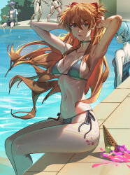 Rule 34 | 2boys, 3girls, antenna hair, armpits, arms up, ass, ayanami rei, bare arms, bare shoulders, bent over, bikini, black shorts, blue bikini, blue choker, blue eyes, blue hair, blue one-piece swimsuit, bracelet, breasts, brown hair, bush, choker, cleavage, cloudy rain4, collarbone, collared shirt, curvy, day, eyelashes, floating hair, food, frown, grey hair, hair between eyes, hair ornament, hair over shoulder, hand in own hair, hand on another&#039;s wrist, hand up, highleg, highleg bikini, highres, ice cream, ice cream cone, ice cream cone spill, ikari shinji, jewelry, katsuragi misato, large breasts, legs, long hair, looking at another, looking at viewer, medium breasts, messy hair, midriff, multiple boys, multiple girls, multiple views, nagisa kaworu, navel, neon genesis evangelion, one-piece swimsuit, orange hair, parted lips, pool, pool ladder, poolside, red bikini, red eyes, red lips, shiny skin, shirt, short hair, short sleeves, shorts, side-tie bikini bottom, sidelocks, simple background, sitting, smile, souryuu asuka langley, stain, sunlight, swimsuit, thigh strap, thighs, thong, thong bikini, tsundere, two side up, unbuttoned, unbuttoned shirt, very long hair, water, white shirt, wide hips
