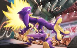 Rule 34 | :d, arm up, arms up, bending backward, cable, closed eyes, concert, fang, gen 1 pokemon, gen 4 pokemon, gen 8 pokemon, gible, holding, holding pokemon, katkichi, machoke, multiple boys, multiple girls, neon lights, nintendo, open mouth, pikachu, pokemon, pokemon (creature), pokemon focus, pokemon tcg, second-party source, sharp teeth, short hair, short sleeves, skin fang, smile, speaker, stage, stage lights, teeth, toxtricity, toxtricity (amped)