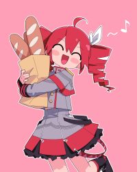 1girl ^_^ ahoge bag baguette black_boots blush boots bread closed_eyes drill_hair food hair_ribbon highres holding hugging_object jacket kasane_teto kasane_teto_(sv) long_sleeves multicolored_hair musical_note open_mouth outline paper_bag pink_background red_hair ribbon simple_background skirt solo synthesizer_v twin_drills twintails utau white_hair white_outline white_ribbon yachima_tana