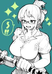 +_+ 1girl absurdres aqua_background breasts commentary_request glasses gloves greyscale_with_colored_background highres holding holding_sword holding_weapon katana large_breasts monochrome one_piece open_mouth ponytail shirt simple_background solo sparkle sparks spot_color sword tashigi weapon yotsumi_shiro