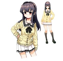 Rule 34 | 1girl, absurdres, black bow, black bowtie, black hair, black hairband, black shoes, black socks, black thighhighs, bow, bowtie, breasts, brown eyes, buttons, cardigan, closed mouth, cowboy shot, full body, hair between eyes, hair over shoulder, hairband, hand on own hip, highres, kimi to kanojo to kanojo no koi., leaning forward, loafers, long hair, long sleeves, medium breasts, nitroplus, pleated skirt, pocket, reference inset, sailor collar, school uniform, serafuku, shoes, simple background, skirt, socks, sone miyuki, thighhighs, ting mong, white background, white sailor collar, white serafuku, white skirt, yellow cardigan