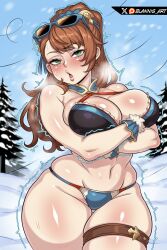 1girl absurdres annoyed arms_under_breasts artist_name beatrix_(granblue_fantasy) beatrix_(summer)_(granblue_fantasy) bikini blannis blue-framed_eyewear blue_bikini blush breasts breath brown_hair cleavage cowboy_shot crossed_arms curvy day embarrassed eyebrows_hidden_by_hair eyelashes female_focus granblue_fantasy green_eyes heavy_breathing highres large_breasts lips long_hair looking_at_viewer motion_lines multicolored_bikini navel nervous_sweating open_mouth outdoors ponytail red_bikini snow solo standing sunglasses sunglasses_on_head sweat swimsuit thick_thighs thigh_strap thighs trembling tsundere white_bikini wide_hips wristband