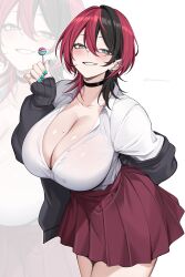 1girl absurdres black_hair black_jacket blue_nails blush boots breasts cleavage collared_shirt demon_girl earrings elbow_gloves gloves hair_between_eyes head_wings heart heart_earrings highres huge_breasts hz_(666v) jacket jewelry long_sleeves looking_at_viewer mole mole_on_breast multicolored_hair open_clothes open_jacket original pleated_skirt red_eyes red_hair red_skirt school_uniform shirt single_earring skirt smile solo sweater_jacket thighs twitter_username two-tone_hair white_background white_shirt wings wolf_cut zoom_layer