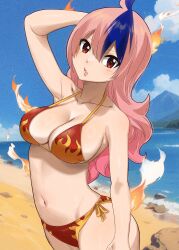 Rule 34 | 1girl, bikini, blue hair, breasts, cleavage, colorized, dead rock, freyr (dead rock), gaston18, highres, large breasts, long hair, looking at viewer, mashima hiro, multicolored bikini, multicolored hair, navel, pink hair, red eyes, solo, swimsuit, two-tone bikini, two-tone hair