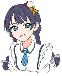 Rule 34 | 1girl, alternate costume, blue hair, blue necktie, blue ribbon, bow, braid, collared shirt, commentary request, cropped torso, dress shirt, frilled shirt, frills, grin, hair bow, hair ribbon, highres, link! like! love live!, llkapital, long hair, looking at viewer, love live!, low twin braids, murano sayaka, necktie, plaid clothes, plaid necktie, red bow, ribbon, shirt, simple background, smile, solo, twin braids, upper body, virtual youtuber, white background, white shirt, yellow bow