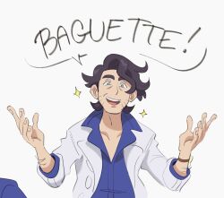 Rule 34 | 1boy, :d, arm hair, black hair, blue shirt, coat, collared shirt, commentary, curly hair, english text, facial hair, hands up, happy, highres, lynn (daisiloou), male focus, nintendo, open clothes, open coat, open mouth, pokemon, pokemon xy, professor sycamore, shirt, short hair, simple background, smile, solo, sparkle, speech bubble, teeth, tongue, upper teeth only, watch, white background, white coat, wristwatch
