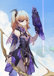 1girl absurdres animal_on_arm arch bare_shoulders bat_ornament bird bird_on_arm black_ribbon blonde_hair blush bow bow_(weapon) bowtie breasts chuunibyou cloud collar concentrating crow dress eyepatch fischl_(genshin_impact) garter_straps genshin_impact gloves green_eyes hair_over_one_eye hair_ribbon high_heels highres holding holding_bow_(weapon) holding_weapon leotard long_hair looking_at_viewer medium_breasts mirror_image mountain open_mouth oz_(genshin_impact) purple_bow purple_bowtie purple_ribbon ribbon serious simple_background single_sleeve single_thighhigh solo tailcoat thighhighs tomori-san_(pixiv_7519735) two_side_up valley weapon