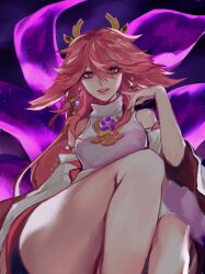 1girl 8h_kt animal_ears bare_shoulders commentary detached_sleeves floppy_ears fox_ears genshin_impact highres long_hair pink_hair purple_eyes solo wide_sleeves yae_miko