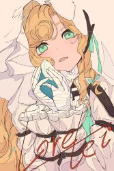 1girl absurdres aqua_eyes arm_belt bandaged_hand bandages blonde_hair character_name conch dress highres holding holding_shell long_hair long_sleeves lorelei_(reverse:1999) parted_lips reverse:1999 shell solo upper_body veil white_dress white_veil xiao_jin_caoooooooi