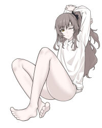1girl absurdres alternate_costume arms_behind_head arms_up barefoot black_bow bottomless bow brown_hair closed_mouth commentary doya_(qkrdbseh1205) feet full_body girls&#039;_frontline girls&#039;_frontline_2:_exilium hair_bow highres leva_(girls&#039;_frontline_2) long_hair looking_at_viewer one_eye_closed one_side_up scar scar_across_eye scar_on_face simple_background sitting solo sweater toes ump45_(girls&#039;_frontline) white_background white_sweater