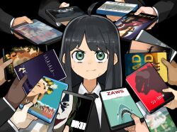 1girl @_@ ahoge batman_(series) black_background black_hair black_necktie black_suit blush brand_name_imitation closed_mouth collared_shirt copyright_request dc_comics dvd_case fish formal_clothes giant giant_monster godzilla godzilla_(series) great_white_shark green_eyes grimace highres holding_case indiana_jones_(series) indiana_jones_and_the_kingdom_of_the_crystal_skull indie_virtual_youtuber iron_man_(2008) iron_man_(series) jaws_(movie) john_wick joker_(2019) kaiju la_la_land long_hair looking_at_viewer mad_max mad_max:_fury_road marvel marvel_cinematic_universe matarou_(matarou1996) midsommar monster necktie nervous_sweating ookami_kodomo_no_ame_to_yuki out_of_frame shark shin_godzilla shirt sidelocks suit surrounded surrounded_by_hands sweat the_shawshank_redemption toho tokoyo_moko upper_body v-shaped_eyebrows virtual_youtuber white_shirt