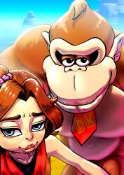 1boy 1girl absurdres ape blue_eyes blurry blurry_background brown_fur brown_hair commentary donkey_kong donkey_kong_(series) donkey_kong_bananza english_commentary freckles furry goat_(hotaruman97) half-closed_eyes highres lips looking_at_viewer meme meme_request necktie nintendo pauline_(young)_(mario) puckered_lips red_necktie upper_body v-shaped_eyebrows