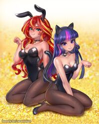2girls animal_ear_hairband animal_ears aqua_eyes arm_between_legs back-to-back bare_arms bare_shoulders bell black_choker black_hairband black_leotard black_pantyhose black_shoes black_tail blonde_hair blunt_bangs blunt_ends blurry blurry_background blush boosty_username breasts cat_ear_hairband cat_ears cat_tail choker cleavage collarbone double-parted_bangs eyeshadow fake_animal_ears fake_tail grin hair_between_eyes hairband hand_up hashtag-only_commentary high_heels highleg highleg_leotard kittysuit leotard lips long_hair looking_at_viewer makeup multicolored_hair multiple_girls my_little_pony my_little_pony:_equestria_girls my_little_pony:_friendship_is_magic nail_polish neck_bell nontraditional_playboy_bunny pantyhose paw_pose pink_hair playboy_bunny purple_eyes purple_eyeshadow purple_hair purple_nails rabbit_ear_hairband rabbit_ears rabbit_tail racoon-kun red_eyeshadow red_hair shiny_clothes shoes simple_background sitting small_breasts smile straight_hair strapless strapless_leotard streaked_hair sunset_shimmer sunset_shimmer_(human) tail twilight_sparkle twilight_sparkle_(human) two-tone_hair very_long_hair watermark wavy_hair web_address yokozuwari