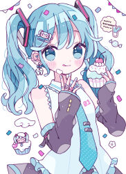 Rule 34 | 1girl, :q, bare shoulders, black sleeves, blue eyes, blue hair, blue necktie, blue shirt, blush stickers, character hair ornament, closed mouth, collared shirt, commentary request, cupcake, detached sleeves, ear piercing, earrings, food, hair ornament, happy birthday, hatsune miku, highres, holding, holding food, jewelry, long hair, looking at viewer, nagihoko, necktie, piercing, shirt, simple background, sleeveless, sleeveless shirt, solo, tie clip, tongue, tongue out, twintails, upper body, vocaloid, white background