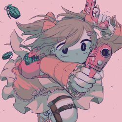 Rule 34 | 1girl, absurdres, aiming, aiming at viewer, aiming up, avogado6, bear hair ornament, belt, black eyes, blonde hair, bow, brown straps, buckle, commentary, dress, english commentary, explosive, floating hair, frilled jacket, frilled sleeves, frills, grenade, gun, hair bow, hair ornament, hairclip, heart, heart-shaped buckle, heart print, highres, holding, holding gun, holding weapon, holster, jacket, kawaii girl (avogado6), long sleeves, no mouth, original, pink background, pink bow, pink jacket, pink shoes, red belt, ribbon, running, shaded face, shoes, short hair, simple background, slit pupils, solo, swept bangs, thigh holster, thigh strap, two side up, weapon, white dress, white ribbon