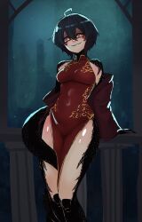 1girl ahoge arm_support backlighting basedbinkie black_hair blurry blurry_background breasts china_dress chinese_clothes cloud_print commentary covered_navel dress english_commentary gold_trim hair_between_eyes highres jacket looking_at_viewer medium_breasts off_shoulder original parted_lips railing rain red_dress red_jacket scales short_hair slit_pupils snake_girl solo standing thighs yellow_eyes