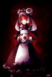 1girl apron bloody_marie_(skullgirls) daigada diagada female_focus hair_ornament maid maid_apron maid_headdress red_eyes skirt skull skull_hair_ornament skullgirls solo