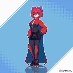 1girl akatsuki_records animated animated_gif bodysuit bow cape cloak double_dealing_character elbow_gloves gloves hair_bow highres latex latex_bodysuit latex_gloves latex_legwear latex_suit long_glove pixel_art raptorbr red_cape red_cloak red_eyes red_hair ribbon-trimmed_bow ribbon_trim rock_&#039;n&#039;_rock_&#039;n&#039;_beat sekibanki short_hair skin_tight solo touhou two-tone_cape zipper