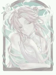 Rule 34 | 1boy, alternate costume, alternate hairstyle, chinese clothes, chinese commentary, chuyv99, closed mouth, commentary request, curtained hair, earrings, flower, hair rings, hatsutori hajime, highres, jewelry, long hair, male focus, parted bangs, pink hair, pink trim, rose, saibou shinkyoku, shirt, sleeveless, sleeveless shirt, solo, upper body, white flower, white rose, white shirt