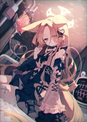 1girl absurdres animal_ear_fluff animal_ears bandage_on_face bandages bed bird black_skirt blonde_hair blood blood_bag blue_archive blush cardiogram detached_sleeves dress floppy_ears fox_ears frills hair_ornament halo heart heartbeat highres hospital hospital_bed iasimo intravenous_drip iv_stand jirai_kei long_hair long_sleeves ribbon seia_(blue_archive) shirt skirt twintails yellow_halo