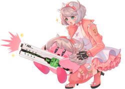 &gt;:) 1girl :d absurdres ahoge bike_shorts black_gloves black_shorts blue_eyes blush bob_cut boots bracelet breasts collar commentary copy_ability cropped_jacket dress elphelt_valentine english_commentary fang fingerless_gloves firing full_body gloves grin guilty_gear guilty_gear_strive gun hairband halterneck high_heel_boots high_heels highres holding holding_gun holding_weapon jacket jewelry jojcachu kirby kirby_(series) long_sleeves nintendo open_clothes open_jacket open_mouth pink_boots pink_hairband punk short_dress short_hair shorts shorts_under_dress sleeveless sleeveless_dress smile sparkle spiked_bracelet spiked_collar spiked_jacket spiked_legwear_garter spikes squatting star_(symbol) thigh_boots thigh_strap thighhighs three_quarter_view transparent_background v-shaped_eyebrows weapon white_dress white_hair zettai_ryouiki