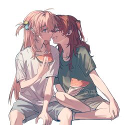 2girls ahoge artist_request blue_eyes blush bocchi_the_rock! butterfly_sitting closed_eyes crossed_legs cube_hair_ornament eating face-to-face food fruit gotoh_hitori green_shirt hair_between_eyes hair_ornament hand_on_own_knee highres holding holding_food holding_fruit holding_watermelon imminent_kiss kita_ikuyo long_hair looking_at_another multiple_girls one_side_up open_mouth pink_hair red_hair shirt short_sleeves shorts simple_background sitting smile socks watermelon watermelon_slice white_background white_shirt yuri