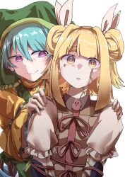 Rule 34 | 2girls, absurdres, apapo, blonde hair, blue hair, double bun, gold, green headscarf, green headwear, hair bun, hands on another&#039;s shoulders, haniyasushin keiki, headscarf, highres, joutouguu mayumi, kintsugi, looking at another, multiple girls, pink eyes, smile, touhou, yellow eyes