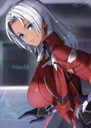 1girl adversarial_noise black_gloves blue_eyes breasts commentary dark-skinned_female dark_skin elma_(xenoblade_x) english_commentary gloves hand_on_own_hip highres jacket large_breasts long_hair looking_at_viewer parted_lips red_jacket solo teeth upper_body white_hair xenoblade_chronicles_(series) xenoblade_chronicles_x yamamori_kinako