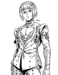 Rule 34 | 1boy, bruno bucciarati, closed mouth, commentary, english commentary, eyelashes, graphicthereal, greyscale, jojo no kimyou na bouken, looking at viewer, male focus, monochrome, pants, pectoral cleavage, pectorals, shirt, short hair, signature, simple background, solo, standing, v-shaped eyebrows, vento aureo, white background