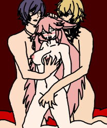 1girl 2boys animal_ears artist_request bed black_hair blonde_hair blue_eyes breasts closed_eyes cross cross_necklace crossover floppy_ears fox_ears fox_girl genshin_impact grabbing_another&#039;s_breast groping group_sex gunji hand_on_another&#039;s_head hetero jewelry kneeling large_breasts long_hair moaning multiple_boys necklace nude open_mouth pink_hair red_eyes shiki_(togainu_no_chi) short_hair tattoo threesome togainu_no_chi yae_miko