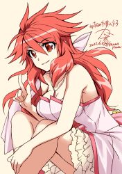 1girl amou_kanade breasts dress highres jewelry kanna_(plum) large_breasts long_hair pendant pink_dress red_eyes red_hair senki_zesshou_symphogear sitting solo
