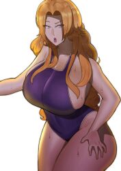 1girl absurdres bleach blue_eyes breasts doublehero female_focus hand_on_own_thigh highres large_breasts long_hair matsumoto_rangiku mole mole_under_mouth open_mouth orange_hair simple_background swimsuit wet white_background