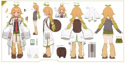 Rule 34 | 1girl, absurdres, backpack, bag, bandaid, bandaid on leg, black shirt, blonde hair, blue eyes, braid, brown-framed eyewear, brown bag, brown footwear, coat, color guide, commentary, english commentary, english text, full body, glasses, gradient hair, green hair, green shorts, hair ornament, hairclip, haneiro, highres, holding, holding vial, lab coat, leg warmers, lemi lichen, multicolored hair, multiple views, necktie, off-shoulder shirt, off shoulder, official art, open clothes, open coat, open mouth, red necktie, reference sheet, second-party source, semi-rimless eyewear, shirt, short eyebrows, shorts, sleeves past wrists, slippers, sprout on head, stellarversepro, tie clip, twin braids, vial, virtual youtuber, white background, white coat, yellow leg warmers