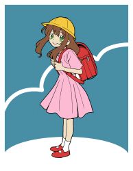 1girl ankle_socks backpack bag blue_background child closed_mouth commentary_request creepypasta double-parted_bangs dress flat_color full_body green_eyes hair_between_eyes hat highres legs_together long_hair looking_at_viewer mary_janes no_pupils nocturnalsky pink_dress red_bag red_shoes sally_williams shoes short_sleeves sidelocks smile socks solo standing two-tone_background white_background white_socks yellow_hat