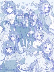 3girls :d absurdres animal_ears aqua_theme ascot asymmetrical_jacket belt belt_around_waist borrowed_character bow bowtie breasts chain choker cleavage commentary_request commission curly_hair ear_ornament female_trainer_(umamusume) fingerless_gloves frilled_sleeves frills full_body fumi_amashiro_(rune_amashiro) fur-trimmed_jacket fur_trim furrowed_brow girl_sandwich gloves grabbing_another&#039;s_chin hand_on_another&#039;s_chin hand_on_another&#039;s_face hand_on_another&#039;s_waist hand_on_own_chest heart heart-shaped_pupils height_difference highres horse_ears horse_girl horse_tail jacket korean_commentary korean_text large_breasts long_hair long_sleeves luccikao_hs monochrome multicolored_hair multiple_girls multiple_views nervous oc_x_canon open_clothes open_jacket open_mouth orfevre_(umamusume) original outstretched_arm own_hands_clasped own_hands_together pants parted_bangs parted_lips peanut_mouth pendant_choker pleated_skirt puffy_short_sleeves puffy_sleeves reaching reaching_towards_viewer sailor_collar sailor_shirt sandwiched school_uniform second-party_source shirt shoes short_sleeves signature sirius_symboli_(umamusume) skirt smile speech_bubble spoken_sweatdrop standing summer_uniform sweat sweatdrop symbol-shaped_pupils tail tank_top thighhighs tracen_school_uniform trainer_(umamusume) translation_request twitter_username umamusume upper_body v-shaped_eyebrows yuri