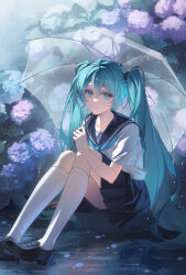 1girl absurdres ahoge black_shoes black_skirt blue_eyes blue_hair blue_neckerchief blue_sailor_collar closed_mouth commentary_request flower full_body hatsune_miku highres holding holding_umbrella hydrangea kanvien kneehighs loafers long_hair looking_at_viewer neckerchief outdoors pleated_skirt rain sailor_collar school_uniform serafuku shirt shoes short_sleeves sitting skirt smile socks solo transparent transparent_umbrella twintails umbrella vocaloid white_shirt white_socks