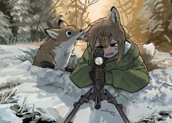 1girl absurdres aiming animal_ear_fluff animal_ears biting biting_ear blush brown_hair fang forest fox fox_ears fox_girl fox_tail foxhole green_jacket gun hair_between_eyes highres holding holding_gun holding_weapon jacket long_hair nature open_mouth original rifle snow tail weapon yihan_world