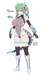 Rule 34 | 1girl, android, armored boots, bare shoulders, black gloves, black thighhighs, boots, breasts, cable, cable tail, closed mouth, covered navel, elbow gloves, expressionless, full body, gloves, green hair, grey leotard, hair between eyes, headgear, height, high heel boots, high heels, highleg, highleg leotard, highres, hiruno, knee boots, large breasts, leotard, long hair, lyon (hiruno), mecha musume, mechanical ears, mechanical tail, original, pointy ears, red eyes, see-through clothes, see-through leotard, simple background, skindentation, solo, standing, tail, thigh strap, thighhighs, twintails, white background