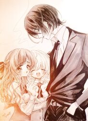 1boy 2girls aya_carmine cigarette closed_eyes formal_clothes highres hitomi_hirosuke_(sayonara_wo_oshiete) long_hair looking_at_another monochrome multiple_girls open_mouth sayonara_wo_oshiete school_uniform sepia sketch smile smoking suit tamachi_mahiru traditional_media ueno_koyori wavy_hair