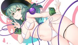 1girl bikini black_hat breasts detached_collar green_eyes green_hair hat hataraki_kuma heart heart_of_string komeiji_koishi looking_at_viewer medium_breasts navel open_mouth smile solo swimsuit thick_thighs thighs third_eye touhou v white_bikini wrist_cuffs