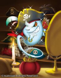 Rule 34 | bale the ghostie, black sclera, bracelet, candle, cardfight!! vanguard, colored sclera, fire, ghost, grin, hat, hat feather, jewelry, kemonomichi (blue black), no humans, official art, one eye closed, pincushion, pirate hat, sharp teeth, smile, solo, sparkle, teeth