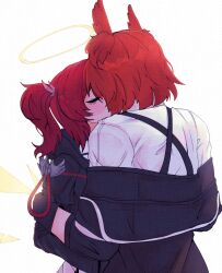 2girls adversarial_noise annierosaart arknights black_gloves black_jacket closed_eyes commentary exusiai_(arknights) fiammetta_(arknights) gloves halo highres hug jacket kiss multiple_girls off_shoulder one_side_up red_hair shirt short_hair traditional_halo upper_body white_background white_shirt yellow_halo yuri