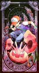 Rule 34 | 1boy, aqua shirt, ash ketchum, baseball cap, black hair, blue jacket, blue pants, brown eyes, closed mouth, commentary request, constellation, crab, creatures (company), denim, fingerless gloves, game freak, gen 1 pokemon, gen 3 pokemon, gloves, green gloves, hand on headwear, hat, highres, jacket, jeans, kingler, lunatone, male focus, nintendo, open clothes, open jacket, pants, poke ball symbol, pokemon, pokemon (anime), pokemon (classic anime), pokemon (creature), shirt, short hair, short sleeves, sky, star (sky), starry sky, yyy9696yyy, zodiac