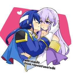 1boy 1girl bare_shoulders blue_cape blue_hair blush brother_and_sister cape circlet closed_eyes couple dress fire_emblem fire_emblem:_genealogy_of_the_holy_war headband hug incest julia_(fire_emblem) long_hair looking_at_another nintendo purple_eyes purple_hair seliph_(fire_emblem) siblings simple_background smile upper_body white_headband yukia_(firstaid0)