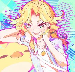 Rule 34 | 1girl, ahoge, animal charm, bird, blonde hair, charm (object), collarbone, dokibird, dokibird (summer), dragoon (dokibird), ear piercing, fang, feather hair, green eyes, hair intakes, highres, indie virtual youtuber, jewelry, long hair, low ponytail, multicolored eyes, necklace, official alternate costume, open mouth, patterned background, piercing, pink eyes, pointy ears, ponytail, scrunchie, shirt, short sleeves, skin fang, smile, solo, troubleshooter bun, virtual youtuber, wrist scrunchie, yellow bird