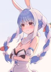 1girl absurdres animal_ears black_gloves black_leotard blue_hair braid breasts carrot_hair_ornament cleavage closed_mouth commentary crossed_arms don-chan_(usada_pekora) dress food-themed_hair_ornament fur-trimmed_gloves fur_trim gloves hair_ornament highres hololive kumoru_(kumoru_145) leotard leotard_under_clothes long_hair looking_at_viewer multicolored_hair orange_eyes rabbit-shaped_pupils rabbit_ears rabbit_girl rabbit_tail short_eyebrows small_breasts solo symbol-shaped_pupils tail twin_braids two-tone_hair usada_pekora usada_pekora_(1st_costume) virtual_youtuber white_dress white_hair