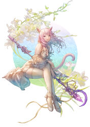 1girl absurdres animal_ears ankle_strap aqua_eyes breasts commission crossed_legs detached_sleeves dress floating_hair floral_background heterochromia highres holding holding_staff long_hair looking_at_viewer medium_breasts mole mole_under_mouth original parted_lips pink_hair purple_eyes ribbon see-through_clothes see-through_sleeves shoes shukei sitting skeb_commission sleeveless sleeveless_dress smile solo staff tail thighhighs white_background white_dress white_shoes white_thighhighs yellow_ribbon