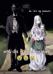 1boy 1girl :d ^_^ ascot black_suit blush brown_eyes brown_hair closed_eyes couple dress dress_shirt english_text fata_morgana_no_yakata fedora formal_clothes full_body hand_in_pocket hat hetero highres holding_hands huixiaaa42305 husband_and_wife jacopo_bearzatti jewelry long_hair meme open_mouth outdoors ring shaded_face shirt smile smoking suit the_white-haired_girl_(fata_morgana_no_yakata) vest waistcoat waving wedding_ring white_dress white_hair why_dis_ninja_look_so_mad_(meme) yellow_ascot