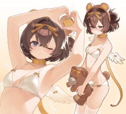 Rule 34 | 1girl, angel wings, animal ears, armpits, arms up, bare arms, bare shoulders, bear ears, belt, belt collar, blush, bra, breasts, brown hair, brown hairband, buckle, collar, cowboy shot, crossed bangs, fake animal ears, from side, furrowed brow, gradient background, grey eyes, hair between eyes, hair bun, hair ribbon, hairband, heart, heart hands, highres, holding, holding stuffed toy, leash, looking at viewer, medium breasts, miebao, mole, mole under eye, multiple views, one eye closed, original, panties, ribbon, short hair, single side bun, snap-fit buckle, standing, stuffed animal, stuffed toy, teddy bear, thighhighs, underwear, underwear only, upper body, white bra, white panties, white thighhighs, wings, yellow belt, yellow ribbon
